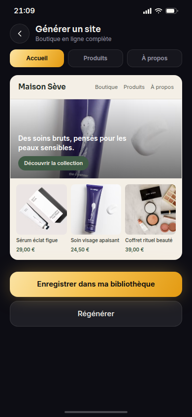 Boutique e-commerce générée en quelques secondes