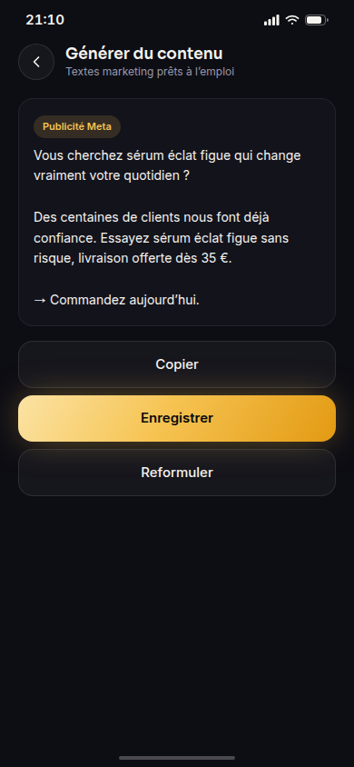 Publicité Meta rédigée, prête à copier