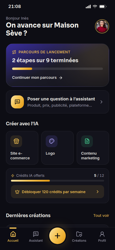 Accueil : parcours de lancement, outils IA et crédits