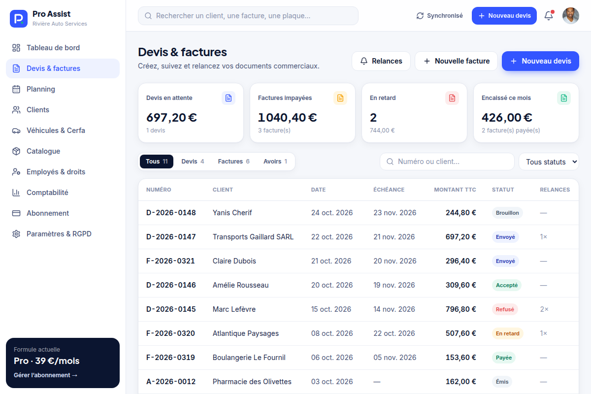 Devis, factures et avoirs avec statuts et relances