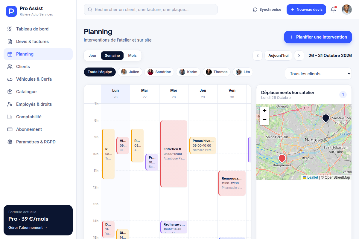 Planning semaine de l'équipe et carte des déplacements