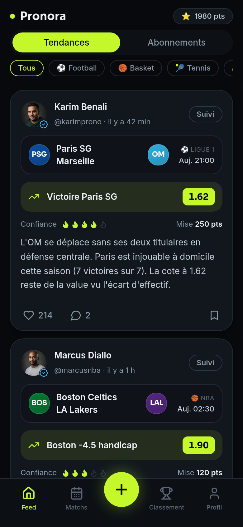 Feed communautaire de pronostics argumentés