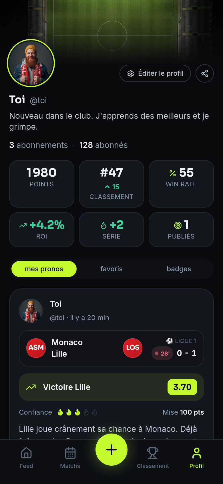 Profil : stats, badges et pronostics publiés
