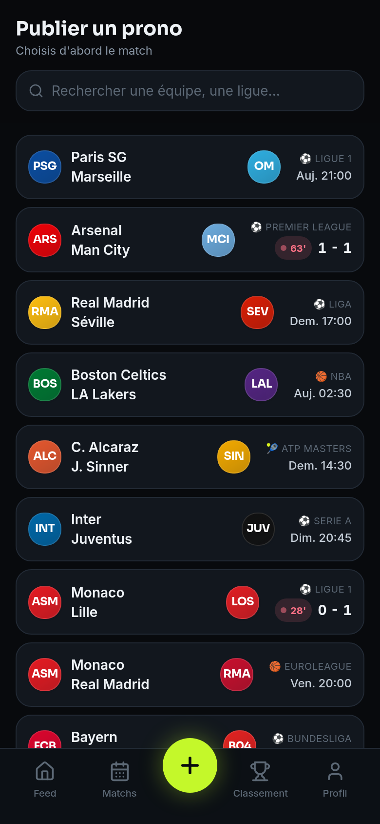 Publier un prono : choix du match