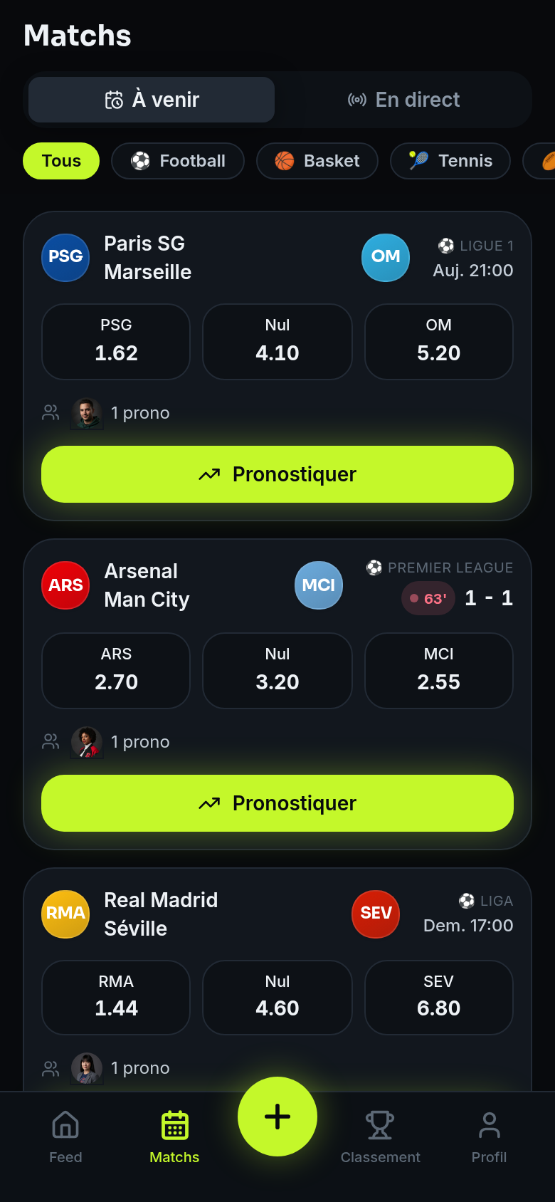 Matchs à venir et en direct avec les cotes