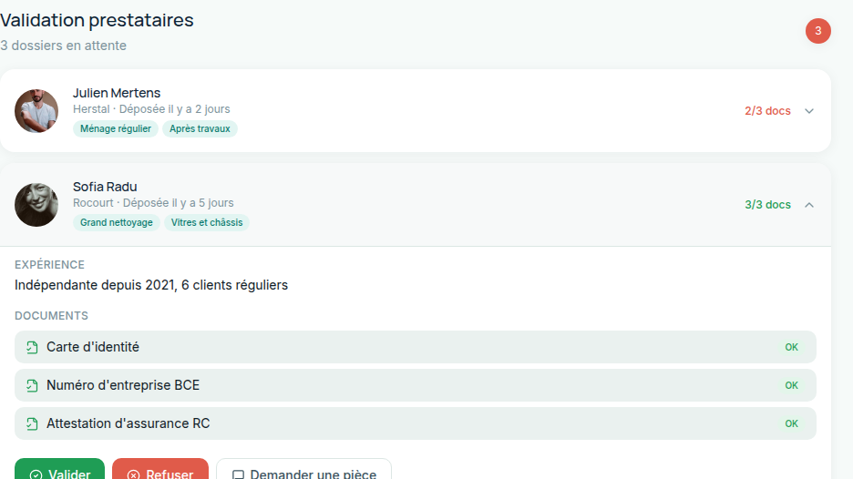 Validation documentaire des prestataires