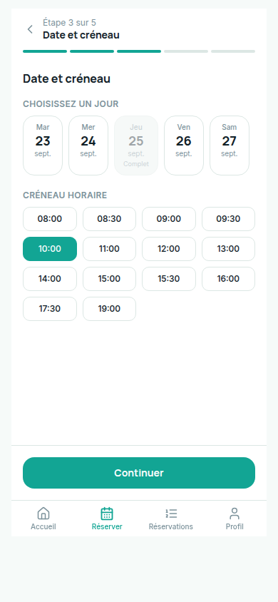 Réservation étape 3 : choix de la date et du créneau