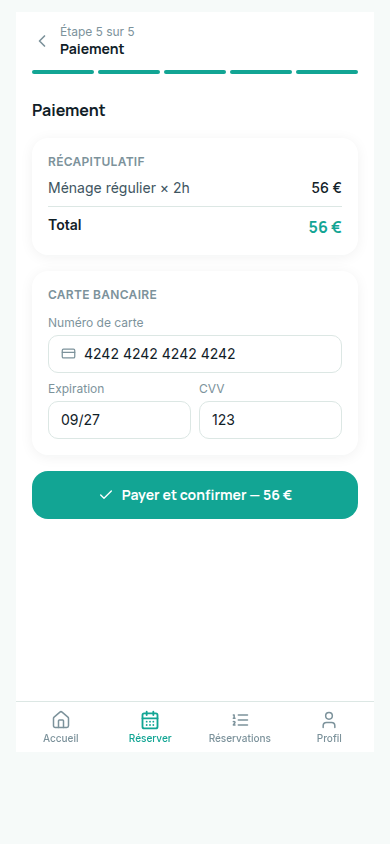 Réservation étape 5 : récapitulatif et paiement