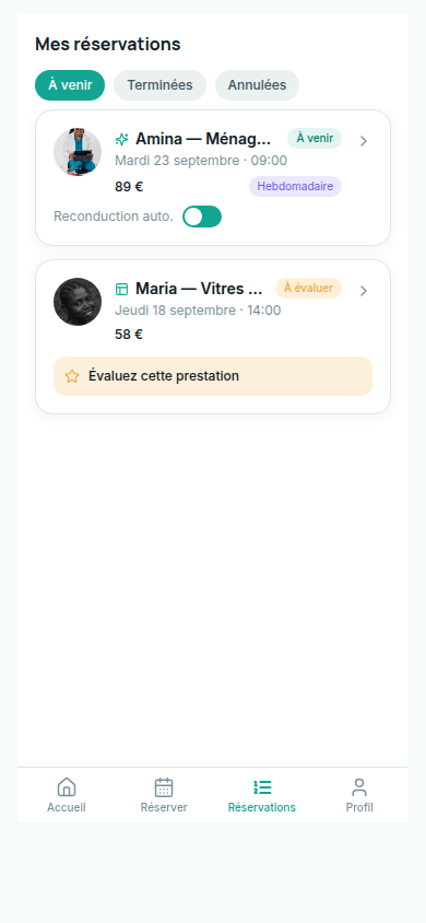 Historique des réservations avec statuts