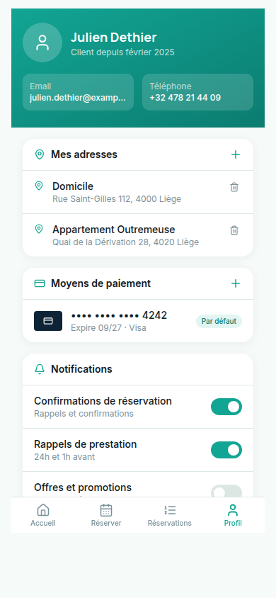 Profil client : adresses, paiement, notifications