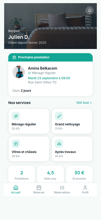 Accueil : prochaine prestation et services