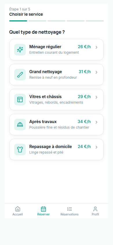 Réservation étape 1 : choix du type de service