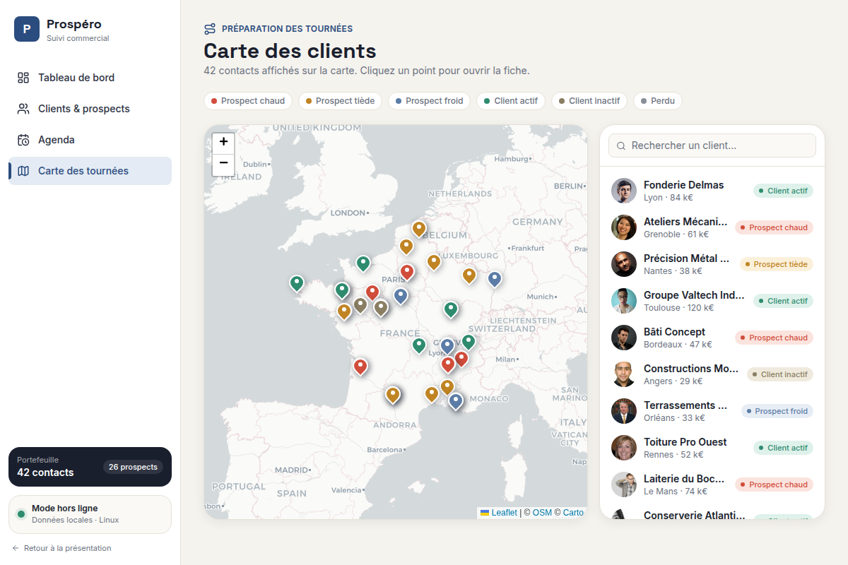 Carte des tournées, clients géolocalisés
