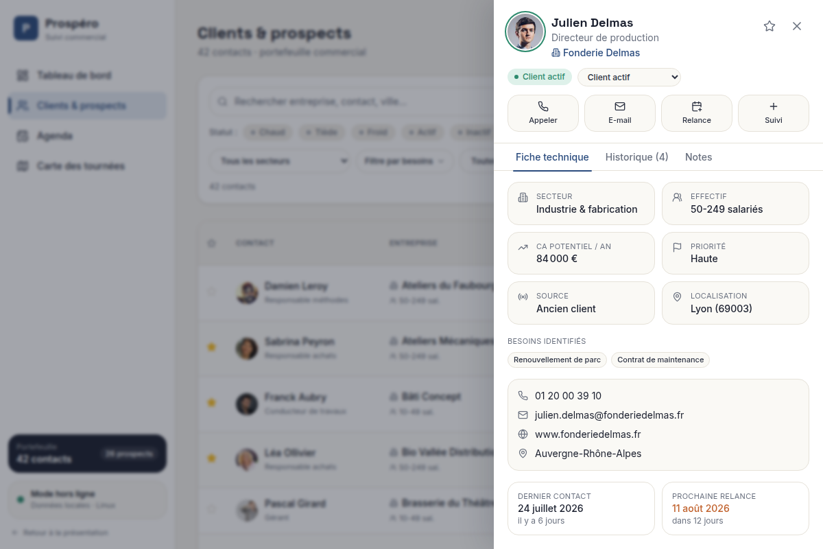 Fiche client 360° en tiroir avec historique