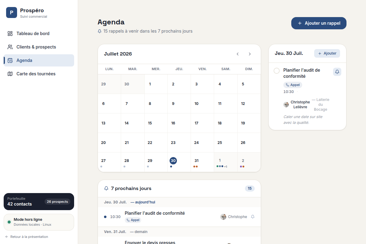 Agenda mensuel des relances et rendez-vous