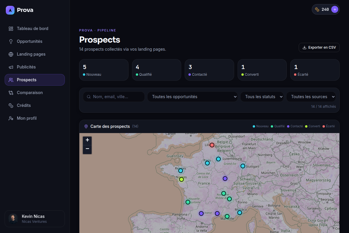 Prospects géolocalisés sur la carte