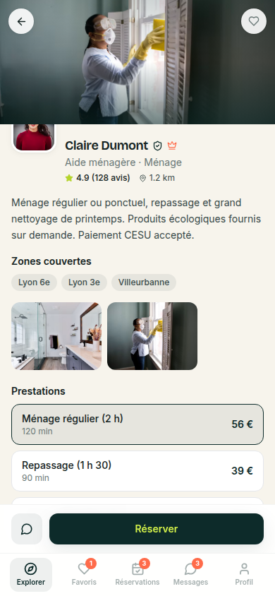 Fiche pro : prestations, avis, zones couvertes
