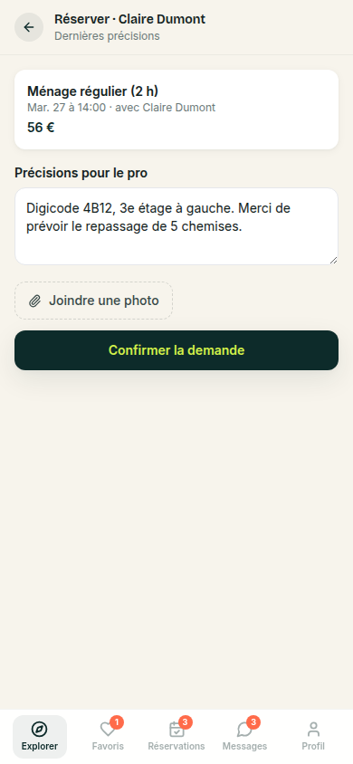 Récapitulatif avant confirmation de réservation