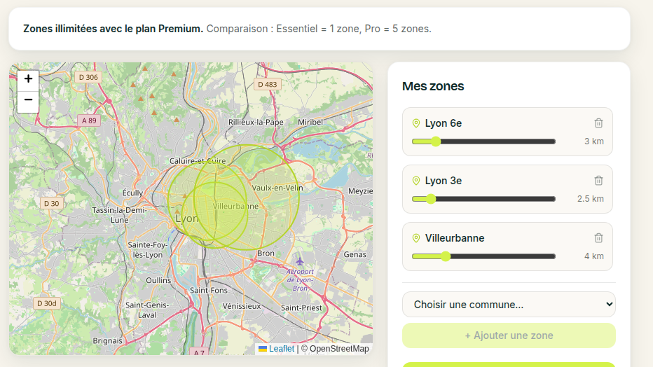 Zones d'intervention visualisées sur carte