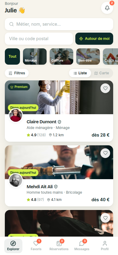 Recherche et liste des pros à proximité