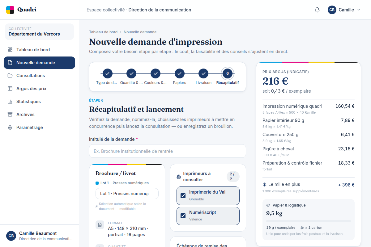 Récapitulatif : imprimeurs sélectionnés selon le lot