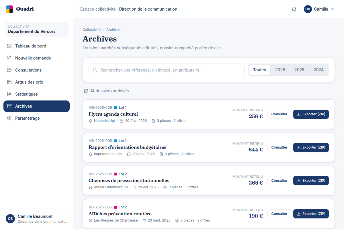 Archives des marchés clôturés, export ZIP par dossier