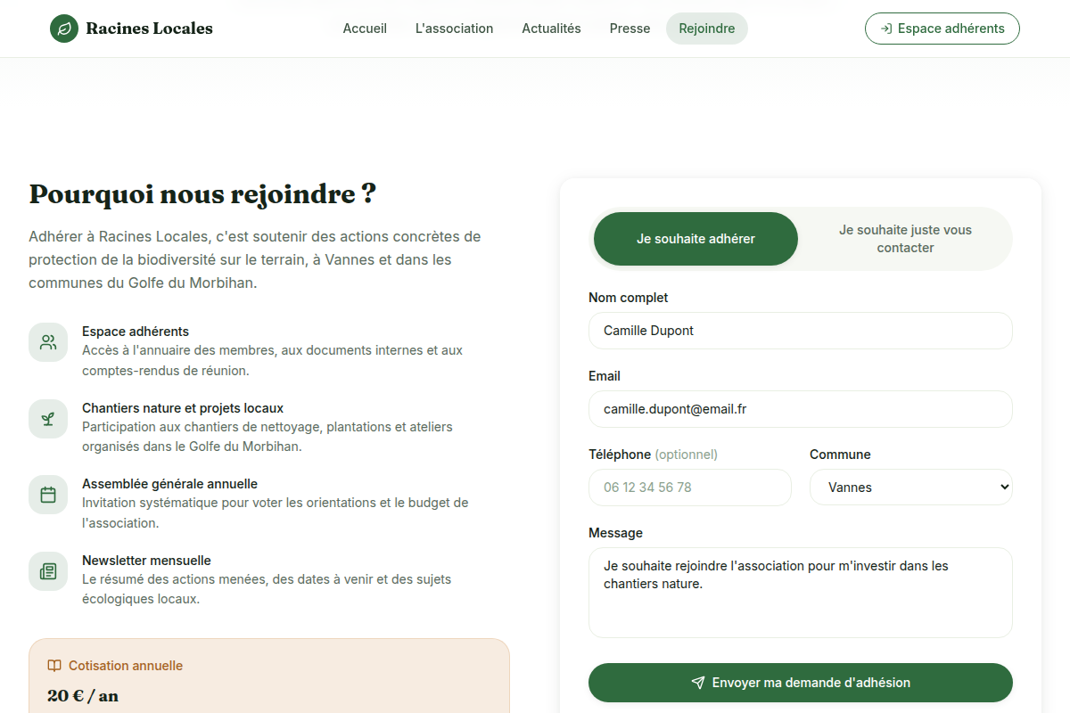 Formulaire d'adhésion en ligne