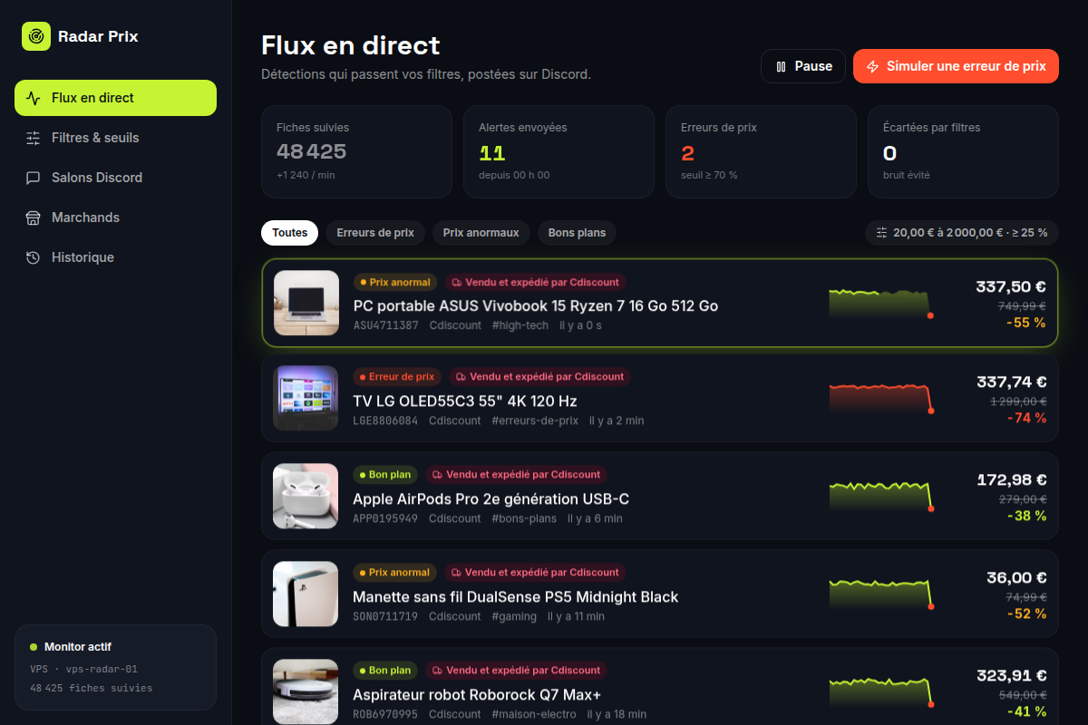 Flux de détections en direct avec KPIs