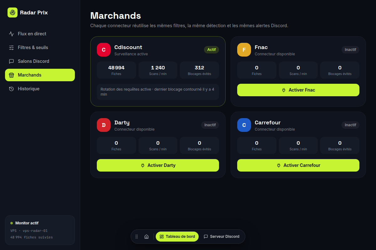 Connecteurs marchands actifs et disponibles
