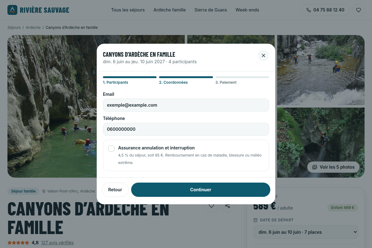 Réservation étape 2 : coordonnées du contact