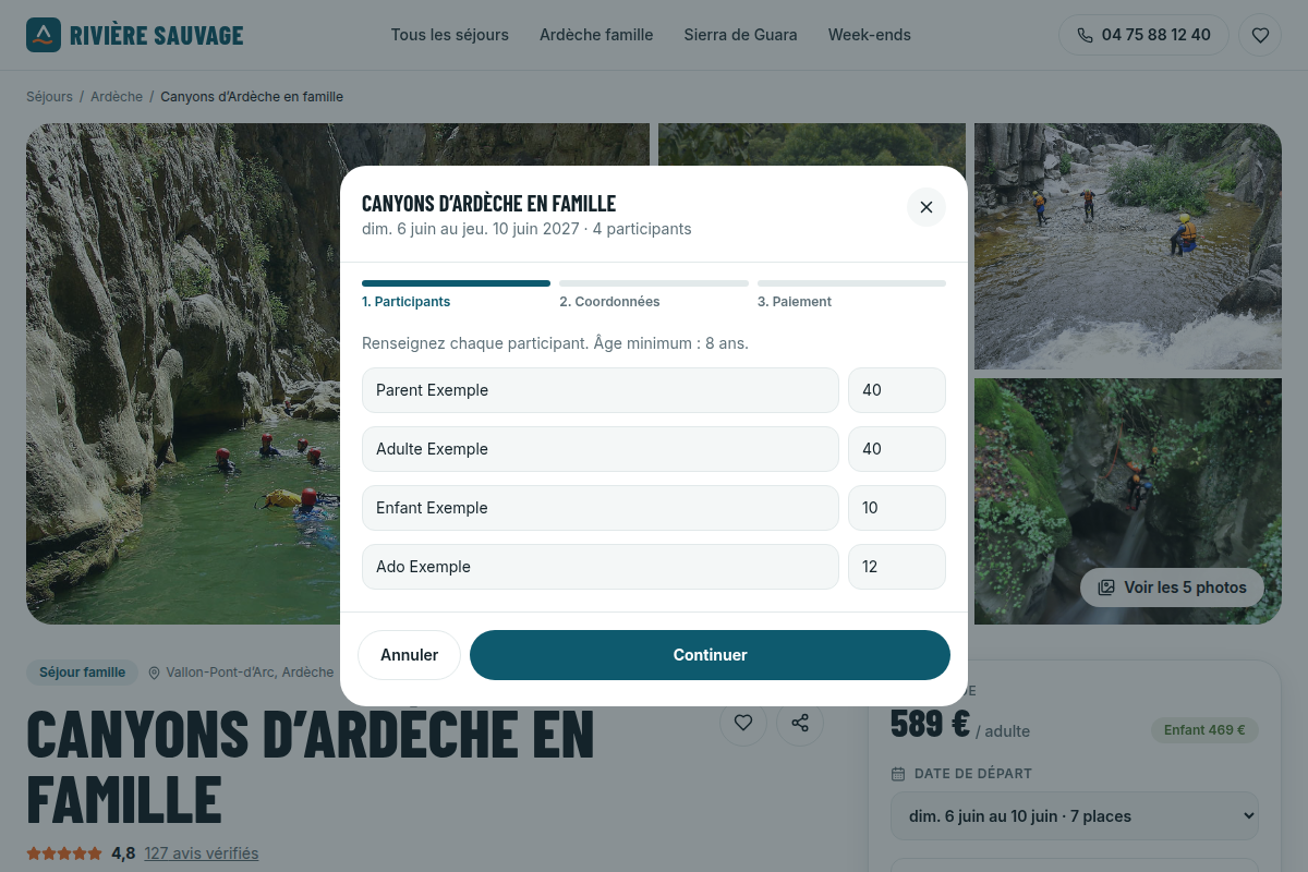 Réservation étape 1 : nom et âge de chaque participant