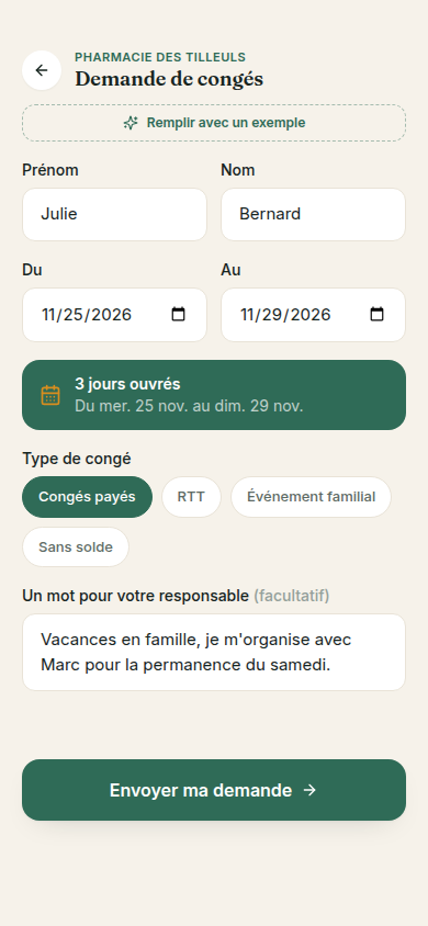 Formulaire avec calcul des jours ouvrés
