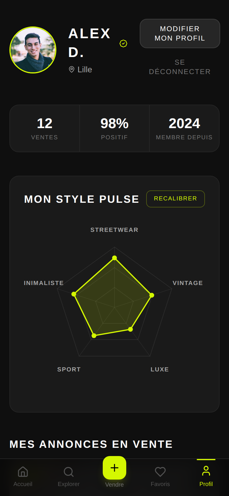 Profil vendeur et radar de style
