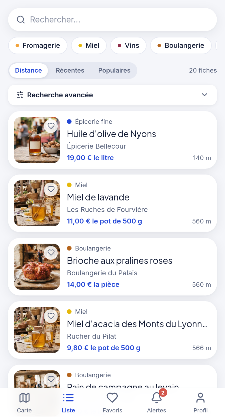 Liste des fiches triable par distance ou popularité