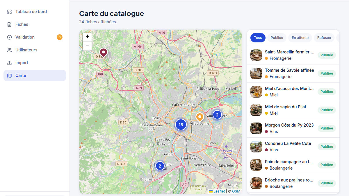 Regroupement des fiches sur la carte