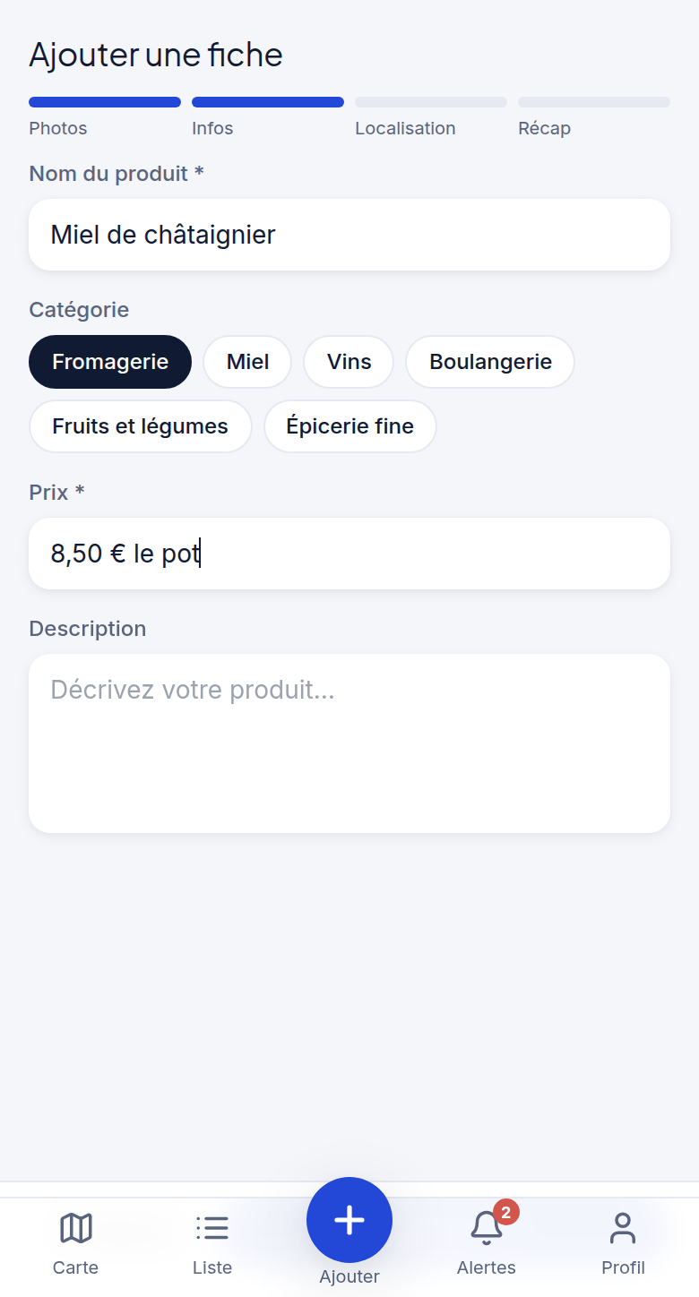 Ajout de fiche, étape infos : nom, catégorie, prix
