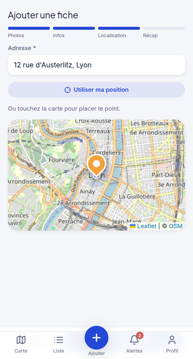 Ajout de fiche, étape localisation sur la carte