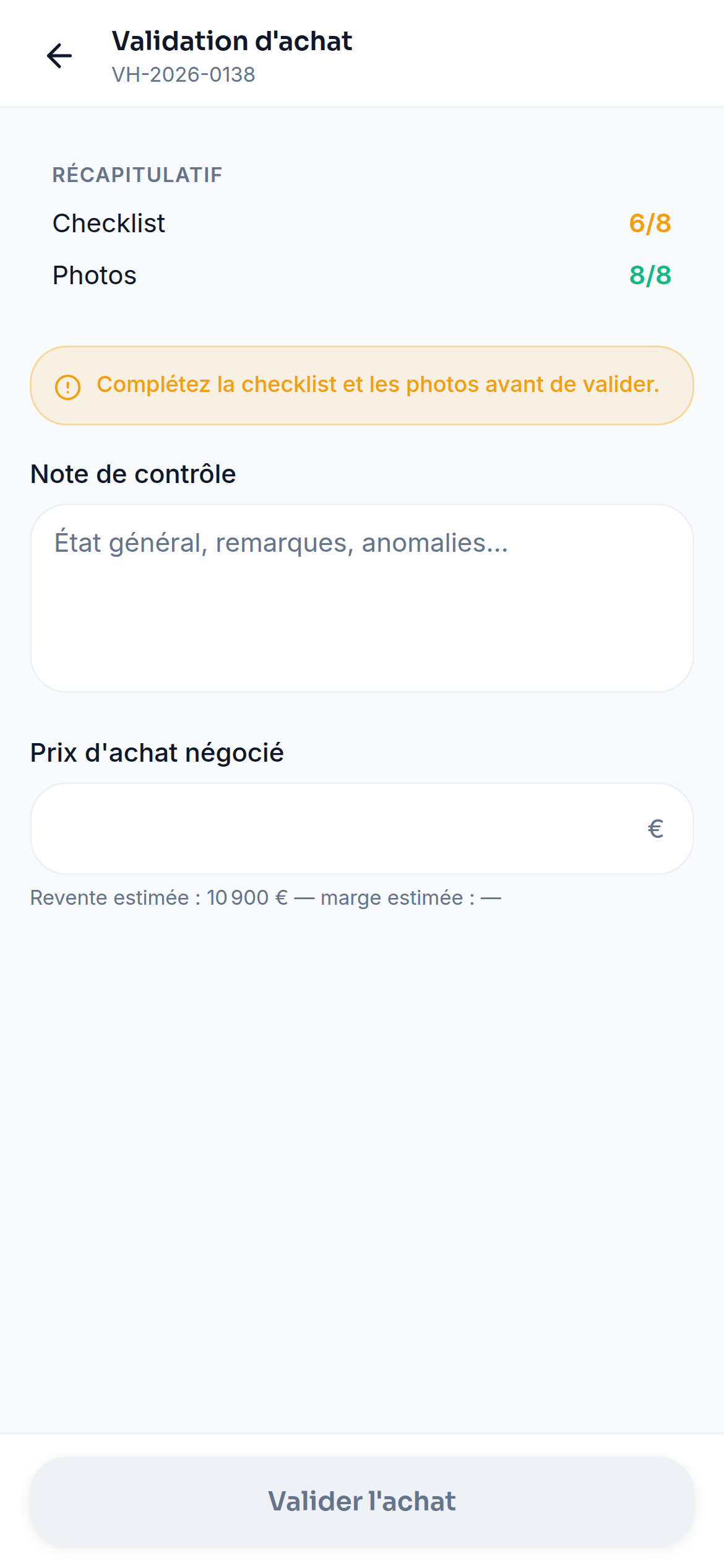 Validation d'achat et prix négocié