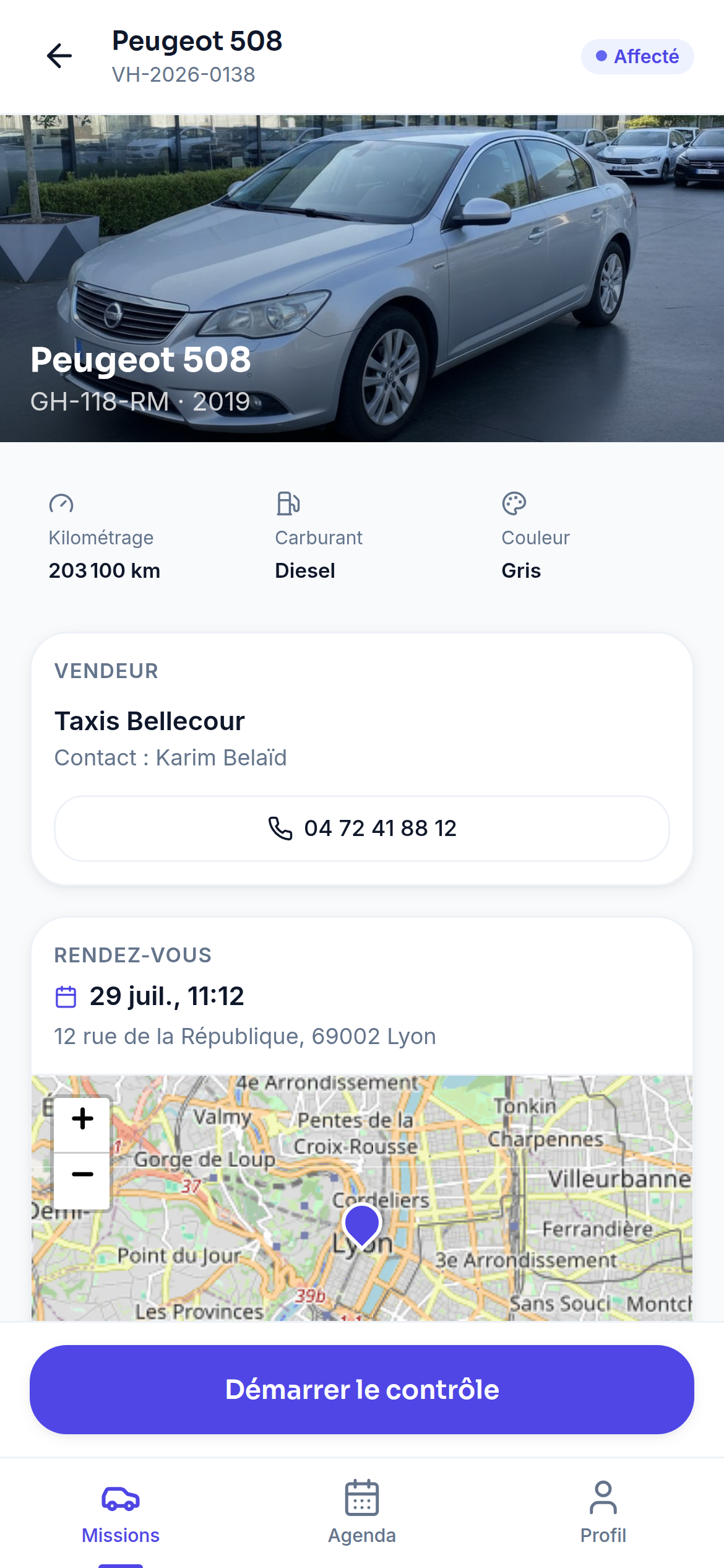 Fiche véhicule : vendeur, RDV, itinéraire