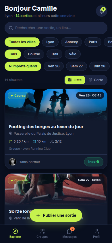 Fil des sorties filtrable par ville et sport