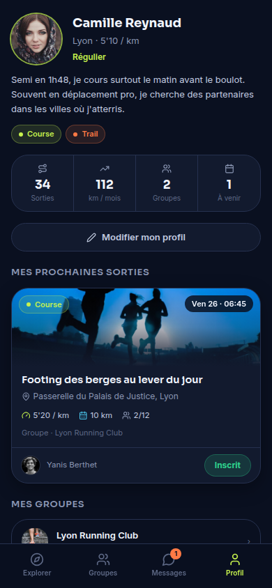 Profil avec allure, niveau et historique de sorties
