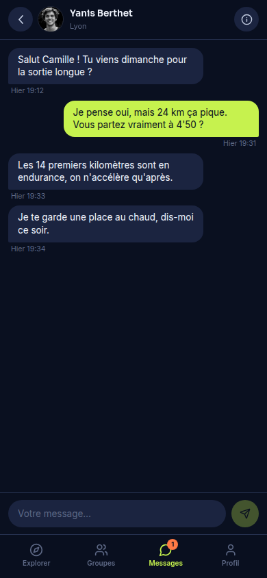 Messagerie privée entre partenaires d'entraînement