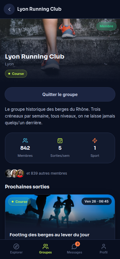 Fiche groupe avec membres et sorties à venir