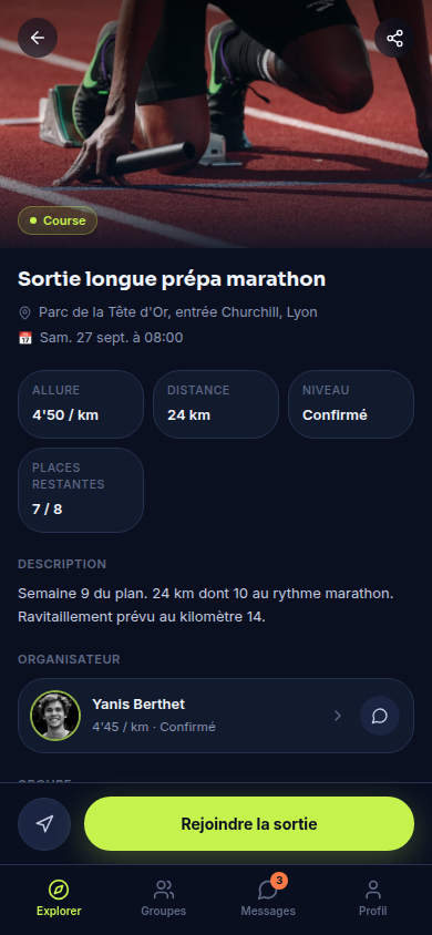 Détail d'une sortie avec inscription en un tap