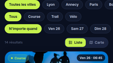 Filtres rapides par ville, sport et jour