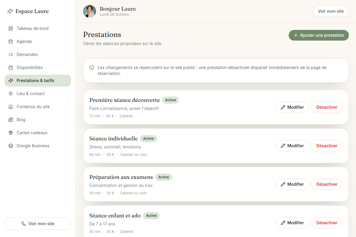 Prestations et tarifs modifiables