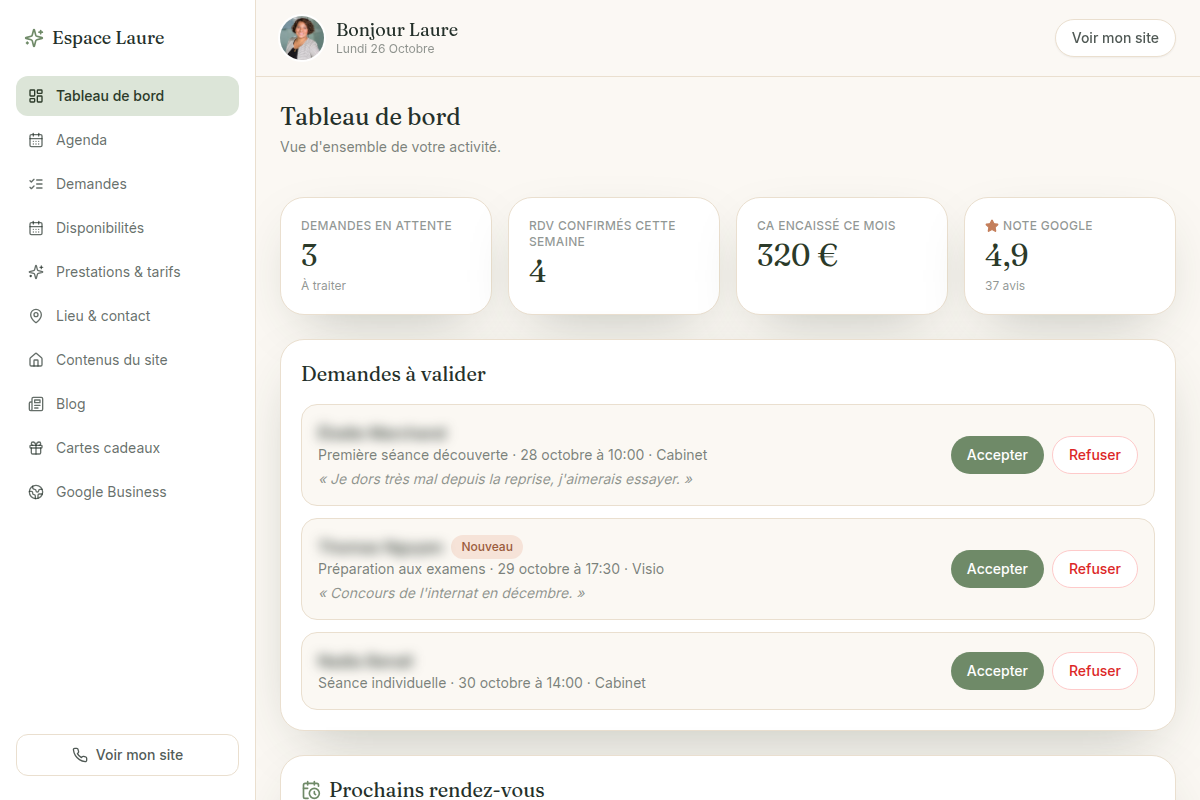 Tableau de bord : KPIs et demandes à valider