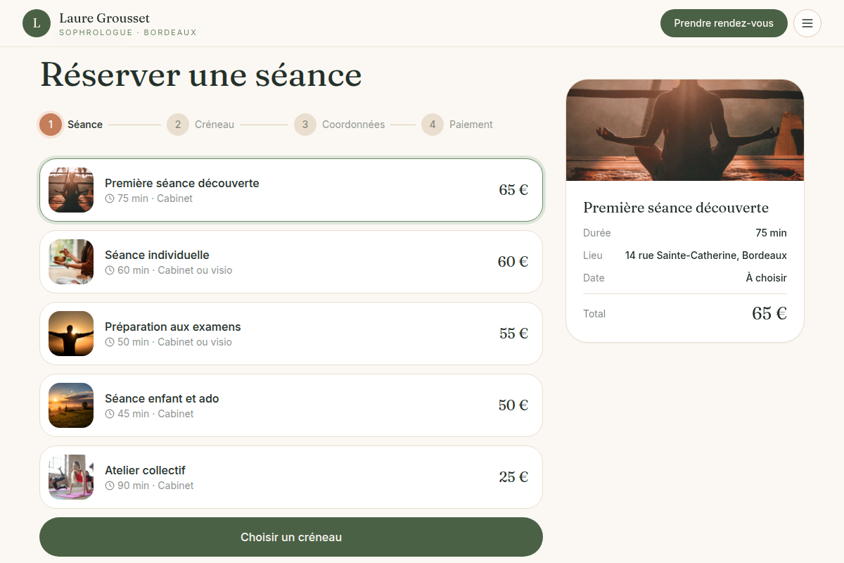Réservation : choix de la séance