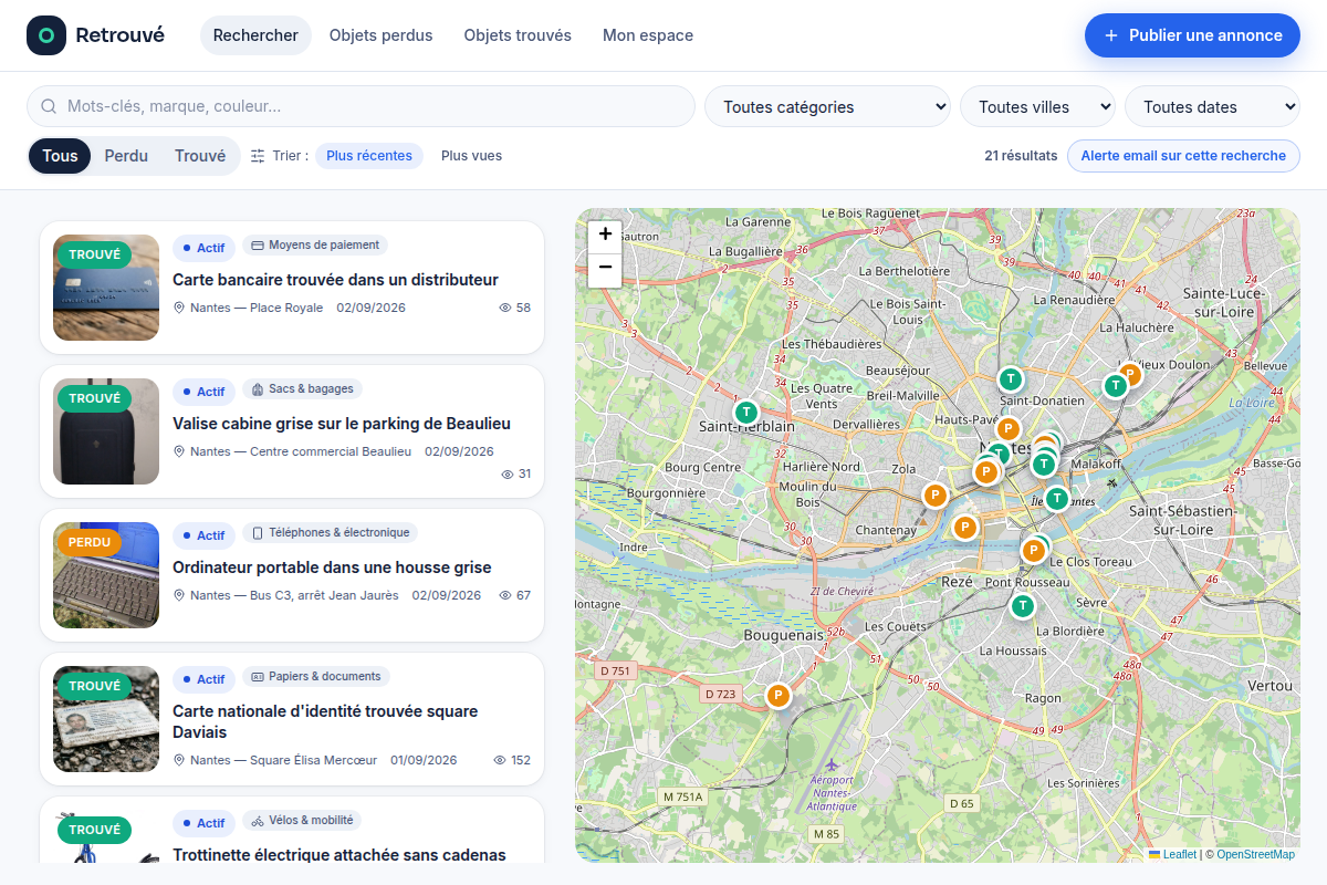 Annonces perdues et trouvées, filtrables