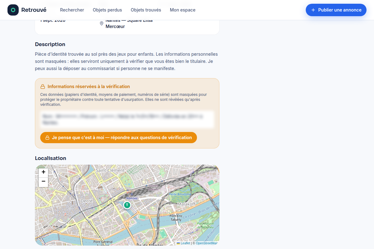 Fiche annonce avec détails protégés